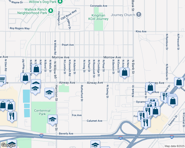 map of restaurants, bars, coffee shops, grocery stores, and more near 3542 North Roosevelt Street in Kingman