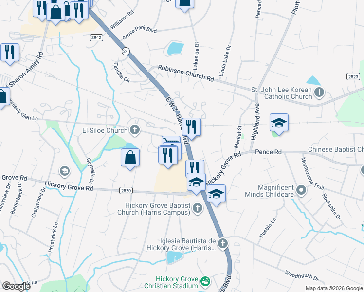 map of restaurants, bars, coffee shops, grocery stores, and more near 5615 Keyway Boulevard in Charlotte
