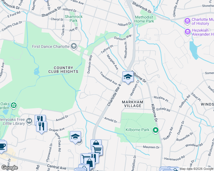 map of restaurants, bars, coffee shops, grocery stores, and more near 2017 Bentley Place in Charlotte
