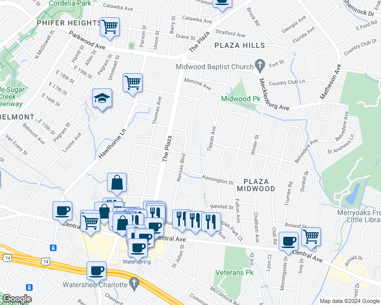 map of restaurants, bars, coffee shops, grocery stores, and more near 1726 Chestnut Avenue in Charlotte