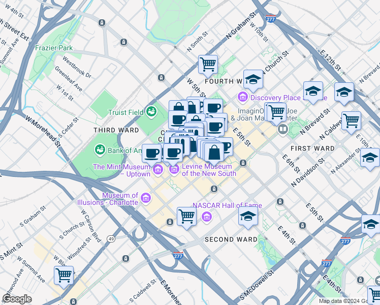 map of restaurants, bars, coffee shops, grocery stores, and more near 230 South Tryon Street in Charlotte