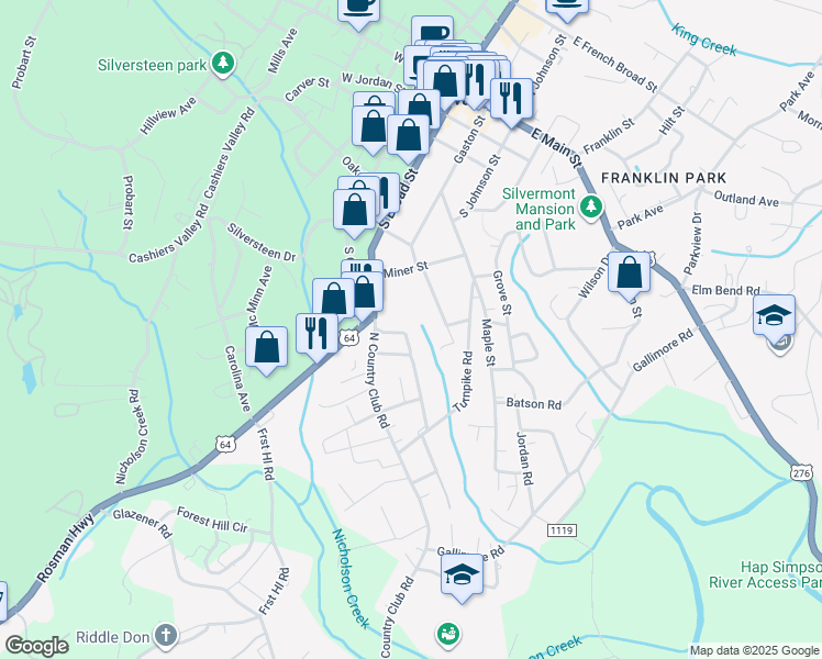 map of restaurants, bars, coffee shops, grocery stores, and more near 71 Shepard Square in Brevard