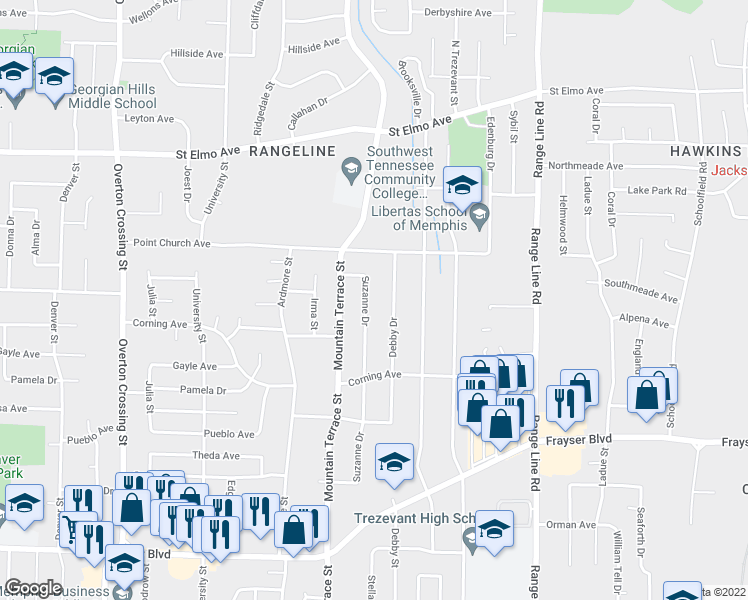 map of restaurants, bars, coffee shops, grocery stores, and more near 3673 Debby Drive in Memphis