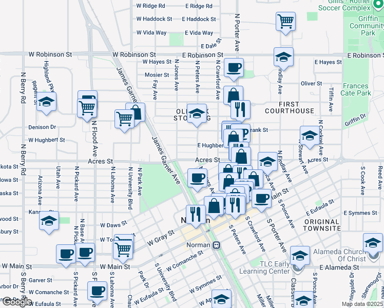 map of restaurants, bars, coffee shops, grocery stores, and more near 608 North Peters Avenue in Norman