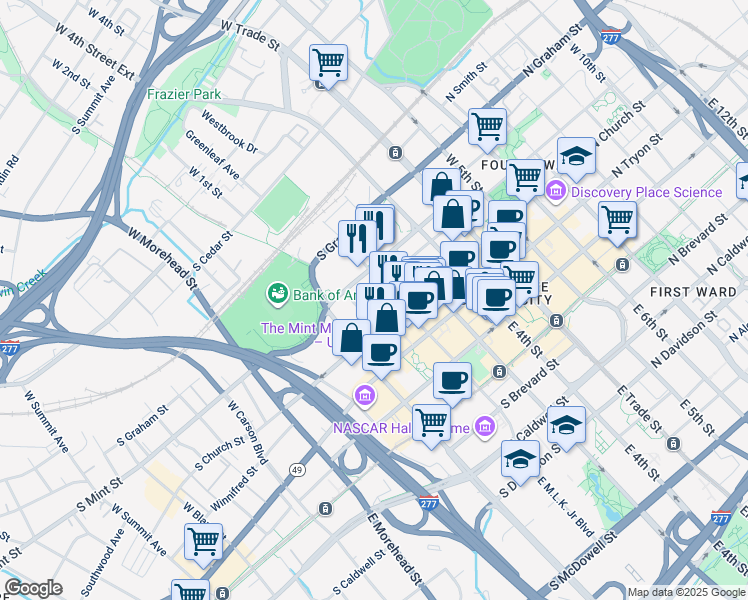 map of restaurants, bars, coffee shops, grocery stores, and more near in Charlotte