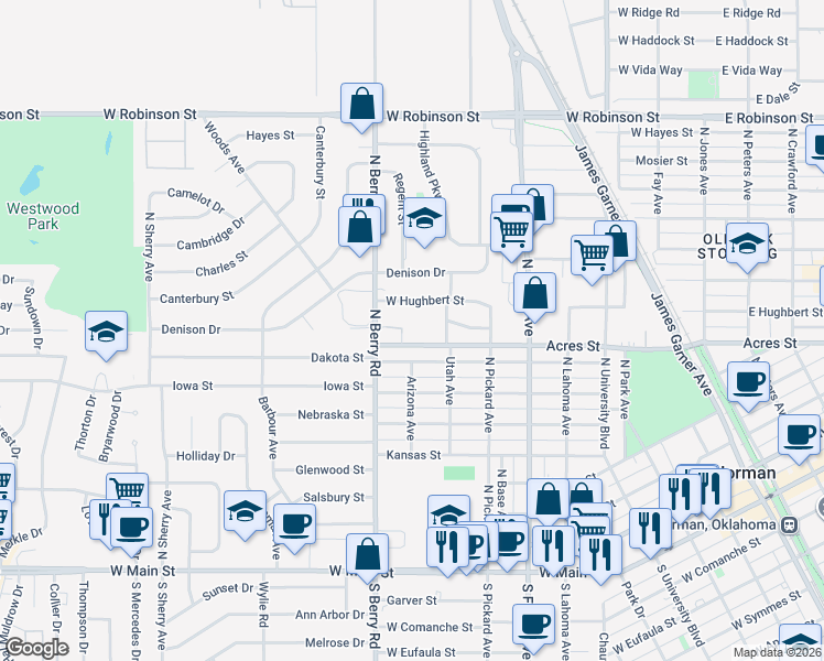 map of restaurants, bars, coffee shops, grocery stores, and more near 625 North Berry Road in Norman