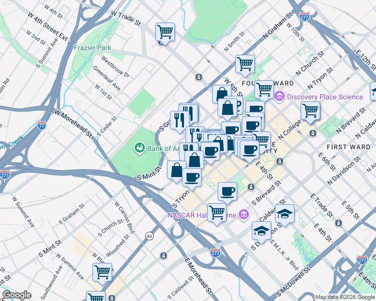 map of restaurants, bars, coffee shops, grocery stores, and more near in Charlotte
