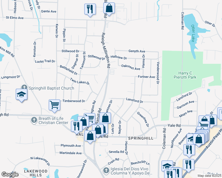 map of restaurants, bars, coffee shops, grocery stores, and more near 3680 Ramill Road in Memphis
