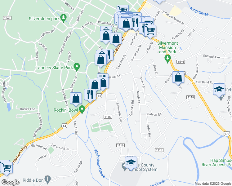 map of restaurants, bars, coffee shops, grocery stores, and more near 75 Shepard Square in Brevard