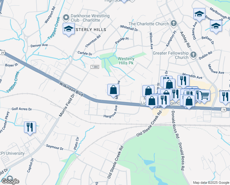 map of restaurants, bars, coffee shops, grocery stores, and more near 2621 Midland Avenue in Charlotte