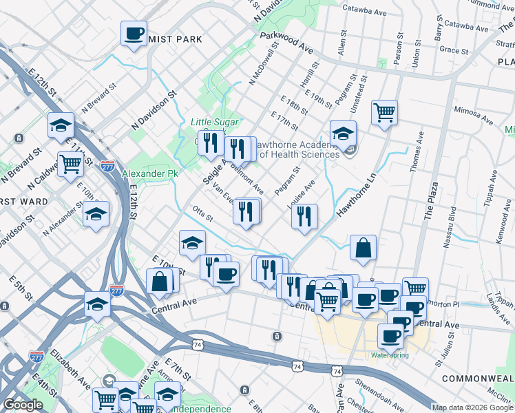 map of restaurants, bars, coffee shops, grocery stores, and more near 1017 Pegram Street in Charlotte