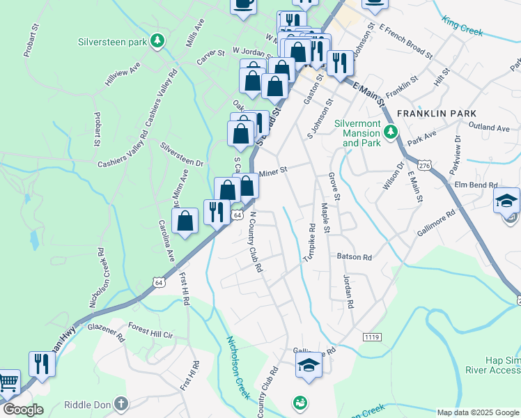 map of restaurants, bars, coffee shops, grocery stores, and more near 37 Shepard Square in Brevard