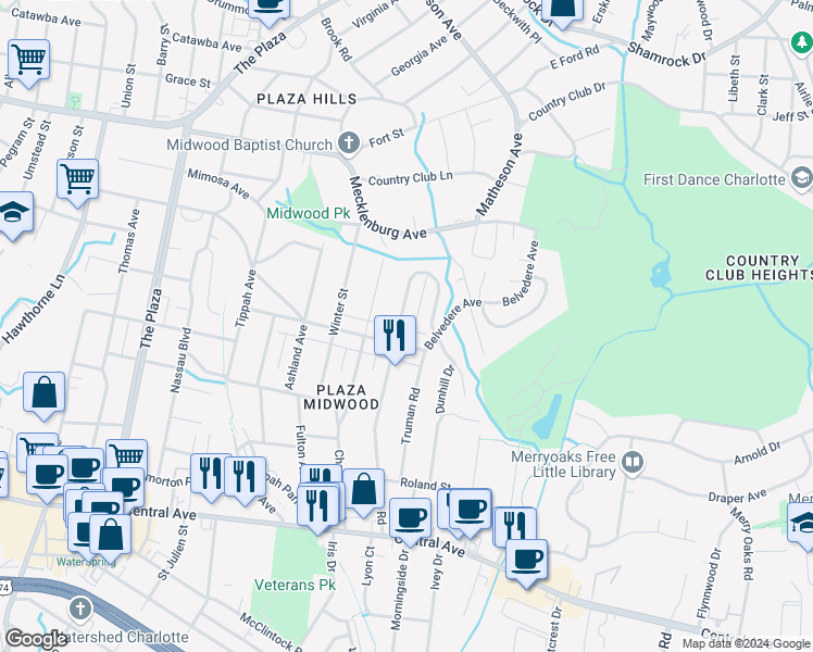 map of restaurants, bars, coffee shops, grocery stores, and more near 2112 Club Road in Charlotte