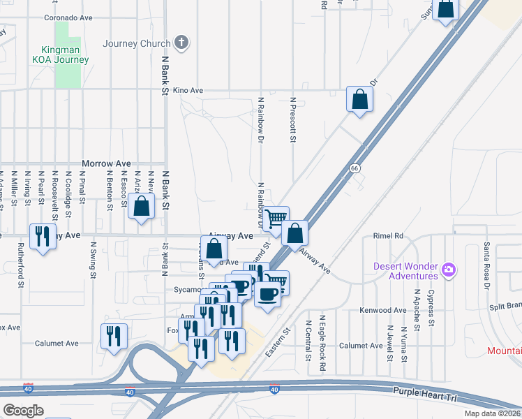 map of restaurants, bars, coffee shops, grocery stores, and more near 3555 North Rainbow Drive in Kingman