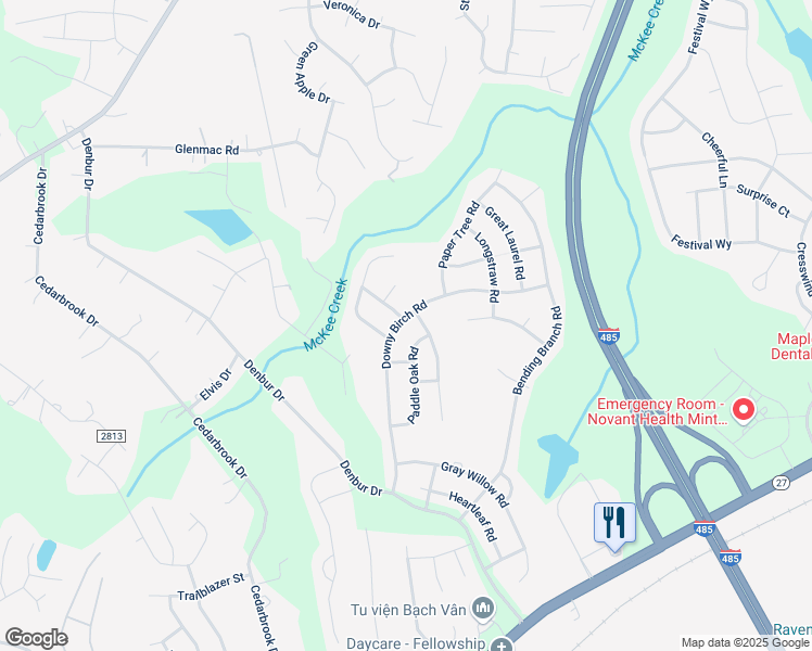 map of restaurants, bars, coffee shops, grocery stores, and more near 12114 Downy Birch Road in Charlotte