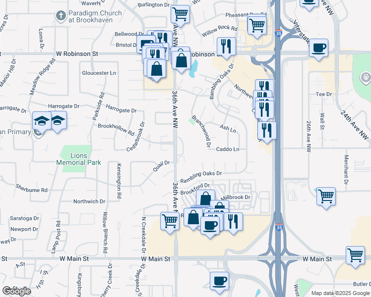 map of restaurants, bars, coffee shops, grocery stores, and more near 631 36th Avenue Northwest in Norman