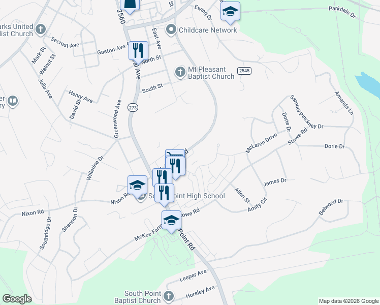 map of restaurants, bars, coffee shops, grocery stores, and more near 624 R L Stowe Road in Belmont