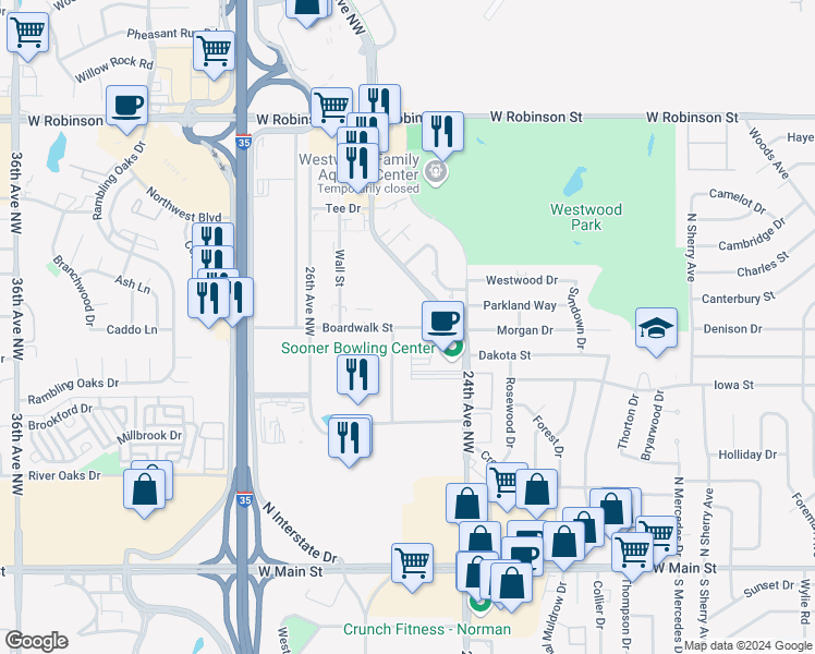 map of restaurants, bars, coffee shops, grocery stores, and more near 2685 Boardwalk Street in Norman