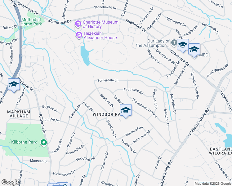 map of restaurants, bars, coffee shops, grocery stores, and more near 3801 Sudbury Road in Charlotte