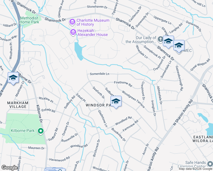 map of restaurants, bars, coffee shops, grocery stores, and more near 3801 Sudbury Road in Charlotte