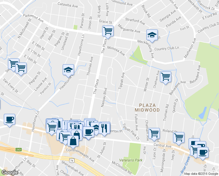 map of restaurants, bars, coffee shops, grocery stores, and more near 1726 Chestnut Avenue in Charlotte