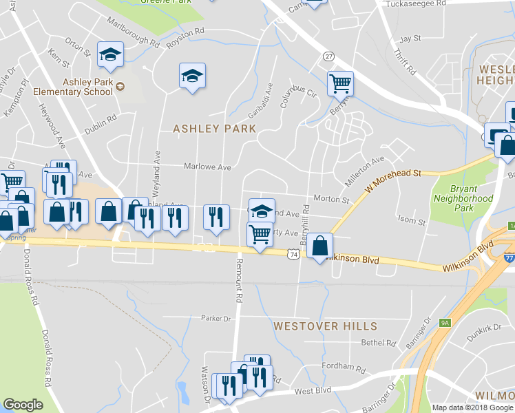 map of restaurants, bars, coffee shops, grocery stores, and more near 2444 Greenland Avenue in Charlotte