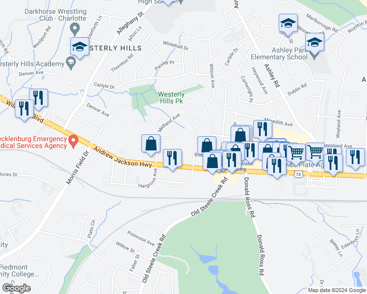 map of restaurants, bars, coffee shops, grocery stores, and more near 2616 Holton Avenue in Charlotte