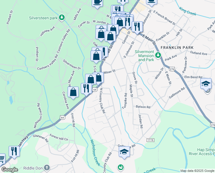 map of restaurants, bars, coffee shops, grocery stores, and more near 37 Shepard Square in Brevard