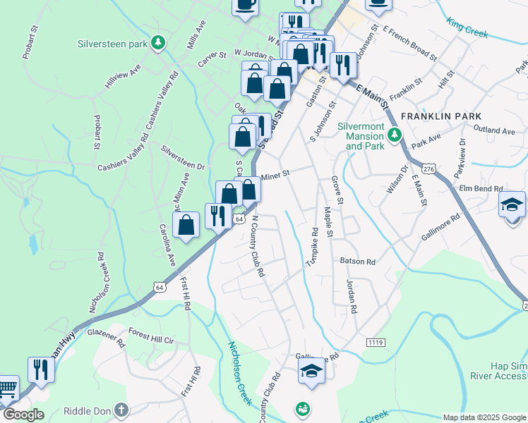 map of restaurants, bars, coffee shops, grocery stores, and more near 37 Shepard Square in Brevard