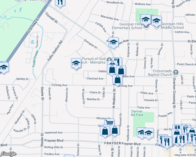 map of restaurants, bars, coffee shops, grocery stores, and more near 1729 Cleoford Avenue in Memphis