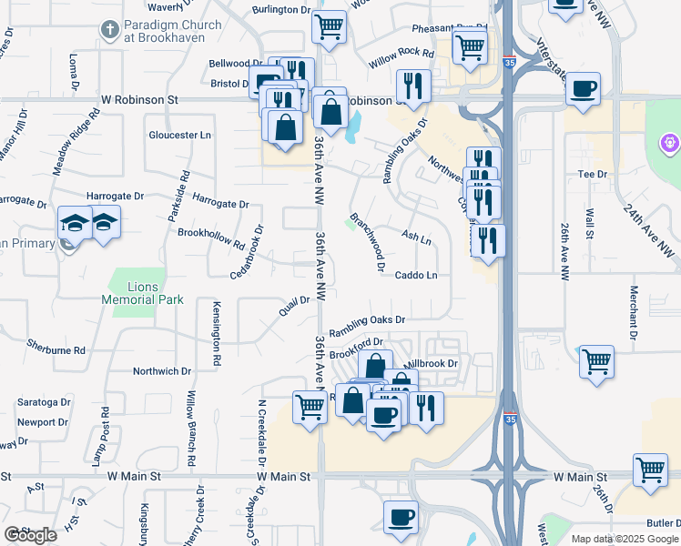 map of restaurants, bars, coffee shops, grocery stores, and more near 703 36th Avenue Northwest in Norman