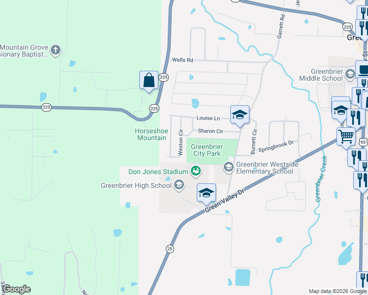 map of restaurants, bars, coffee shops, grocery stores, and more near 43 Weston Circle in Greenbrier