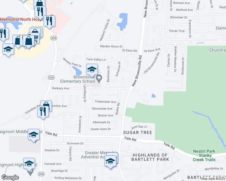 map of restaurants, bars, coffee shops, grocery stores, and more near 5373 Banbury Avenue in Memphis