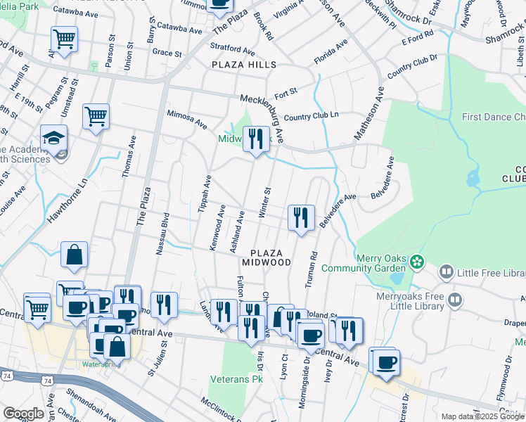 map of restaurants, bars, coffee shops, grocery stores, and more near Winter Street in Charlotte