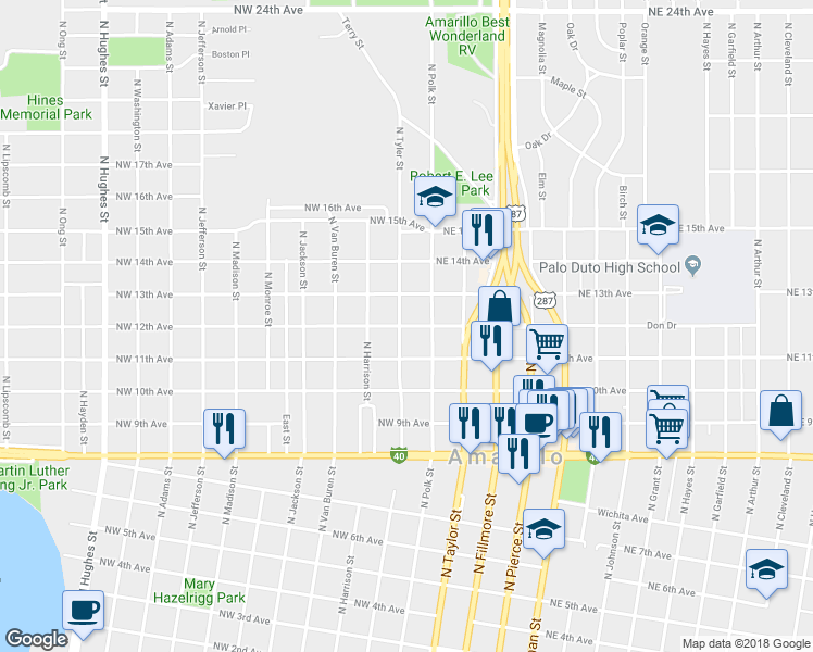 map of restaurants, bars, coffee shops, grocery stores, and more near 138 Northwest 12th Avenue in Amarillo