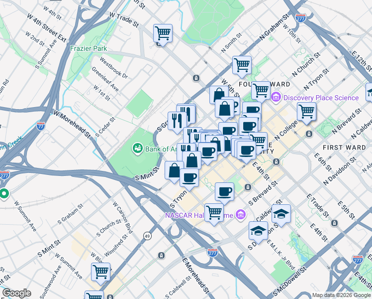 map of restaurants, bars, coffee shops, grocery stores, and more near 355 West Martin Luther King JR Boulevard in Charlotte