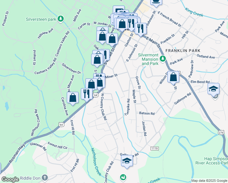 map of restaurants, bars, coffee shops, grocery stores, and more near 71 Shepard Square in Brevard
