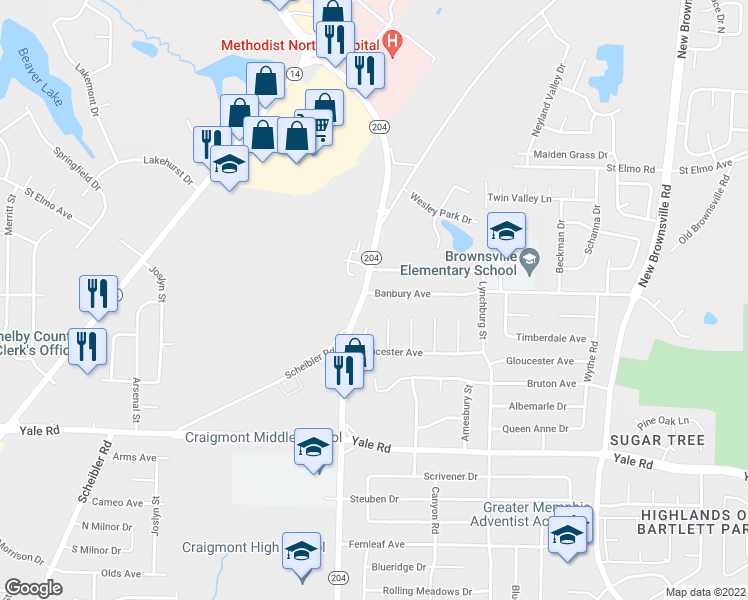 map of restaurants, bars, coffee shops, grocery stores, and more near 5115 Banbury Avenue in Memphis
