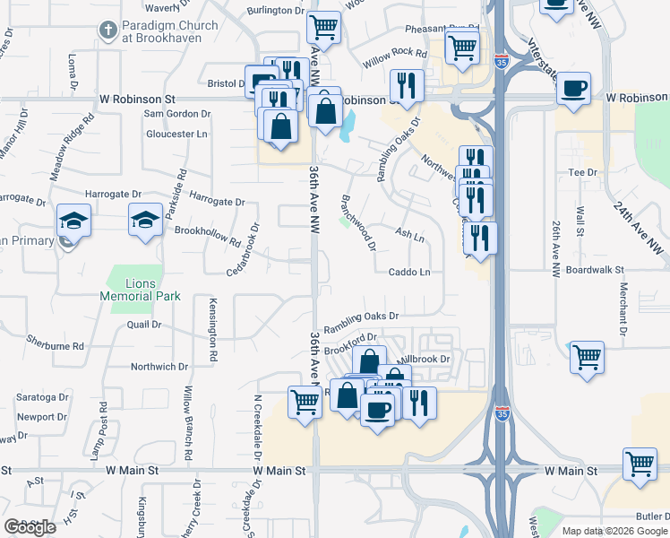 map of restaurants, bars, coffee shops, grocery stores, and more near 703 36th Avenue Northwest in Norman