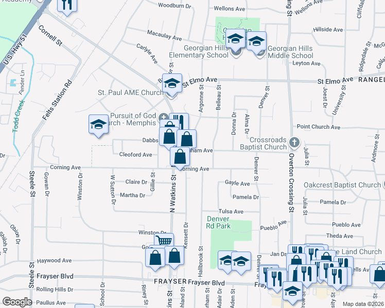 map of restaurants, bars, coffee shops, grocery stores, and more near 1863 Burnham Avenue in Memphis