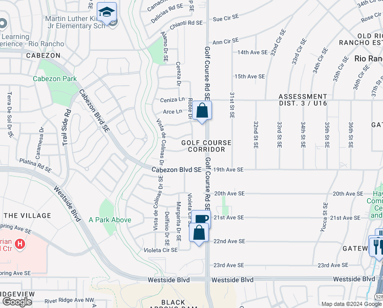 map of restaurants, bars, coffee shops, grocery stores, and more near 2840 Abeto Lane Southeast in Rio Rancho