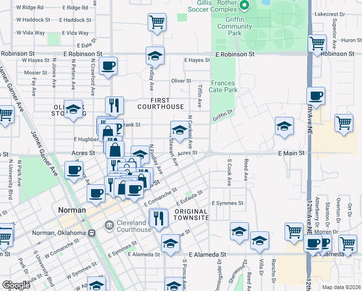 map of restaurants, bars, coffee shops, grocery stores, and more near 250 North Cockrel Avenue in Norman