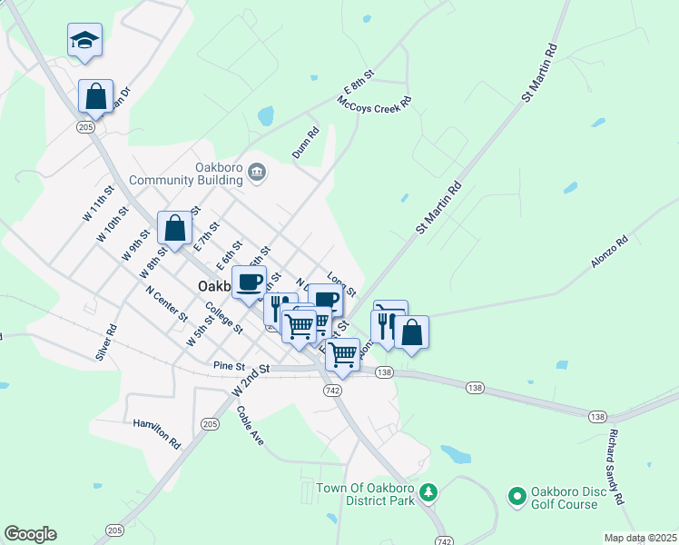 map of restaurants, bars, coffee shops, grocery stores, and more near 409 East 2nd Street in Oakboro