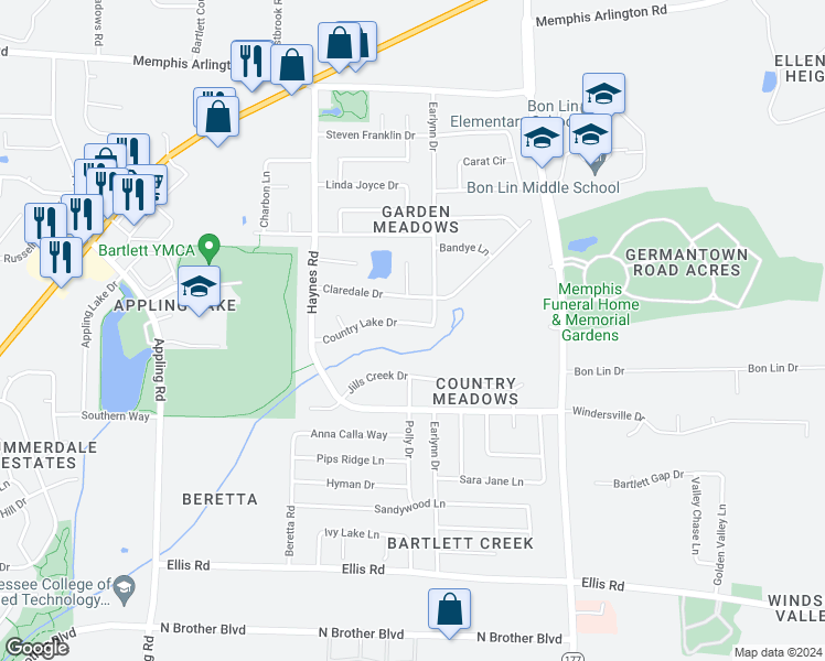 map of restaurants, bars, coffee shops, grocery stores, and more near 7949 Country Lake Drive in Memphis