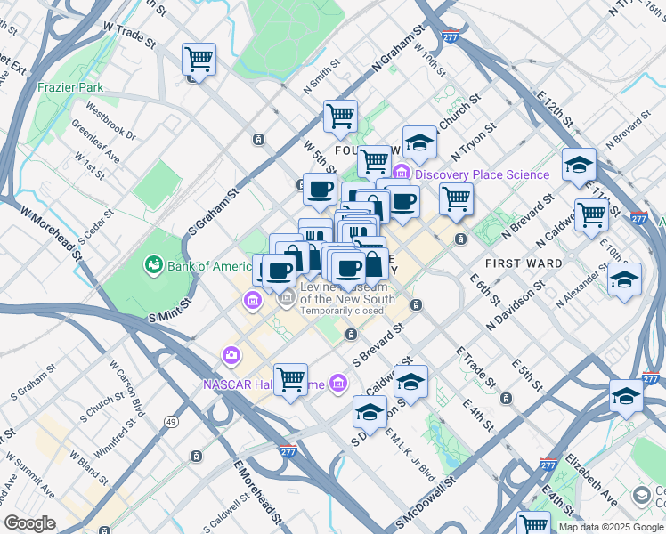 map of restaurants, bars, coffee shops, grocery stores, and more near 201 South Tryon Street in Charlotte