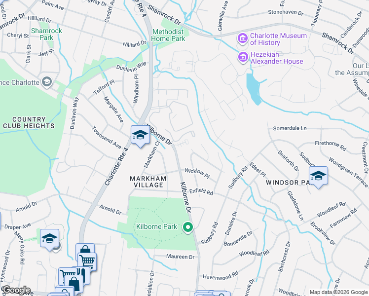 map of restaurants, bars, coffee shops, grocery stores, and more near 3702 Brookchase Lane in Charlotte