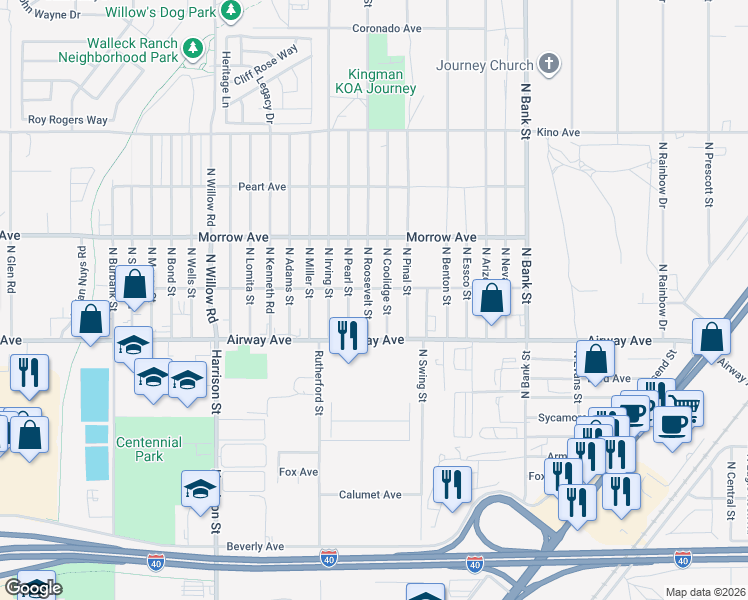 map of restaurants, bars, coffee shops, grocery stores, and more near 3546 North Roosevelt Street in Kingman