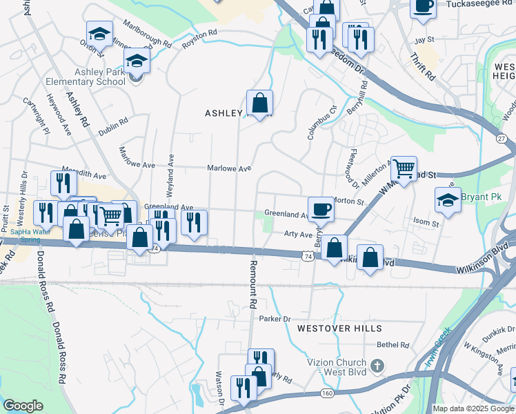 map of restaurants, bars, coffee shops, grocery stores, and more near 2522 Greenland Avenue in Charlotte