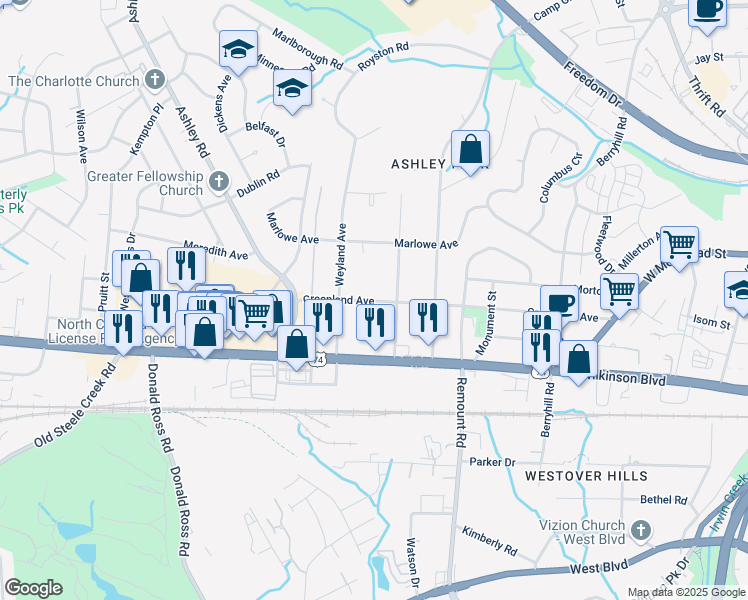 map of restaurants, bars, coffee shops, grocery stores, and more near 2307 Ridgemont Boulevard in Charlotte