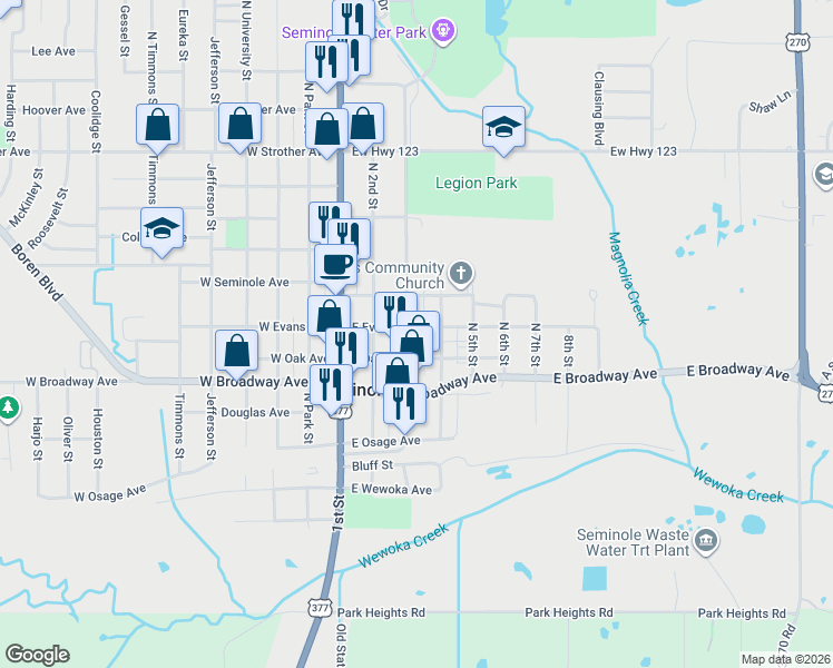 map of restaurants, bars, coffee shops, grocery stores, and more near 309 North 4th Street in Seminole